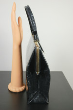 larger size black patent textured vinyl alligator-stamped 1960s handbag purse