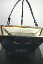 larger size black patent textured vinyl alligator-stamped 1960s handbag purse