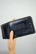 Black tooled leather wallet 1950s deco leaf design GG initials deadstock men’s billfold