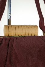 chocolate brown burgundy wool plush velvet 1940s handbag purse top handle carved blonde wood trim