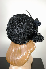 vintage pillbox hat 1960s black straw with large black patent vinyl and straw rose