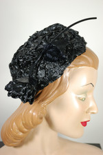 vintage pillbox hat 1960s black straw with large black patent vinyl and straw rose
