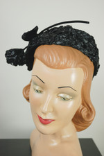 vintage pillbox hat 1960s black straw with large black patent vinyl and straw rose