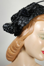 vintage pillbox hat 1960s black straw with large black patent vinyl and straw rose