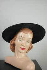 wide brim schoolgirl style black straw hat vintage 1950s velvet band goth garden party wedding