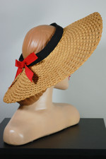 1930s 1940s sun hat golden tan straw halo hat open crown black red trim