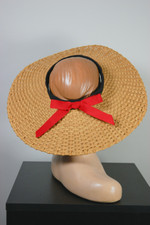 1930s 1940s sun hat golden tan straw halo hat open crown black red trim