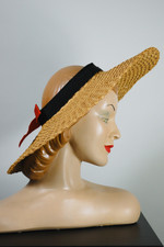 1930s 1940s sun hat golden tan straw halo hat open crown black red trim