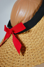1930s 1940s sun hat golden tan straw halo hat open crown black red trim