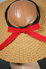 1930s 1940s sun hat golden tan straw halo hat open crown black red trim