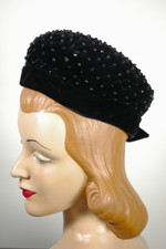 Sally Victor tall bubble crown 1960s pillbox hat black velvet metal studs trim Jackie Kennedy style