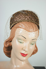 mocha brown 1960s mini pillbox hat with veil copper beading iridescent mauve sequin flower