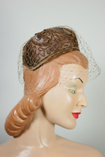 mocha brown 1960s mini pillbox hat with veil copper beading iridescent mauve sequin flower