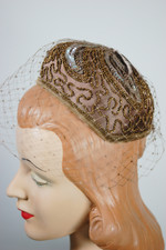 mocha brown 1960s mini pillbox hat with veil copper beading iridescent mauve sequin flower
