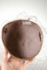 mocha brown 1960s mini pillbox hat with veil copper beading iridescent mauve sequin flower