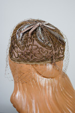 mocha brown 1960s mini pillbox hat with veil copper beading iridescent mauve sequin flower