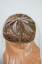 mocha brown 1960s mini pillbox hat with veil copper beading iridescent mauve sequin flower