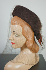 1940s tilt hat brown felt pillbox with chin-length veil New York Creation label