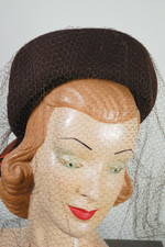 1940s tilt hat brown felt pillbox with chin-length veil New York Creation label