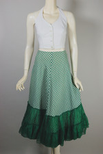 Green white gingham cotton full skirt 1930s 1940s tea-length XS 25-26 inch waist