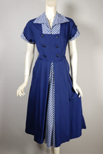 true vintage 1950s cotton dress full skirt navy blue white gingham check 29 inch waist size S-M