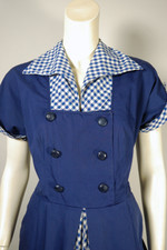 true vintage 1950s cotton dress full skirt navy blue white gingham check 29 inch waist size S-M