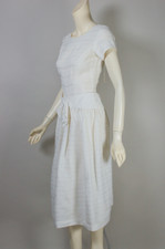 deadstock white 1950s dress full skirt cap sleeve sheer stripes size XS 34 bust 26 waist casual bridal or shower dress