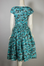 1940s 1950s novelty print cotton dress 35 inch bust 25 inch waist aqua black seaside village spooky design