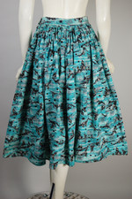 1940s 1950s novelty print cotton dress 35 inch bust 25 inch waist aqua black seaside village spooky design