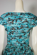 1940s 1950s novelty print cotton dress 35 inch bust 25 inch waist aqua black seaside village spooky design