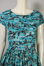 1940s 1950s novelty print cotton dress 35 inch bust 25 inch waist aqua black seaside village spooky design