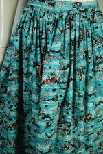 1940s 1950s novelty print cotton dress 35 inch bust 25 inch waist aqua black seaside village spooky design