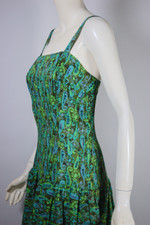 1960s cotton sundress blue green paisley print dropped waist size S 28 inch waist