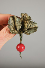 Unique vintage brooch artisan-made radish pin molded brass and red glass dangle