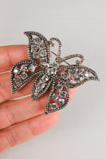 Silvertone clear rhinestone butterfly brooch 80s pin 1950s-style deadstock on original card