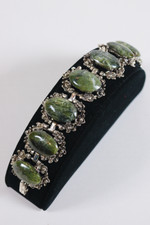 vintage costume jewlery 1950s 60s link bracelet green agate cabochons silver metal floral settings Hollywood