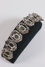 vintage costume jewlery 1950s 60s link bracelet green agate cabochons silver metal floral settings Hollywood
