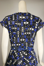 1950s cotton day dress full skirt black blue white dots print M 39 bust 30 inch waist