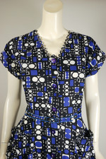 1950s cotton day dress full skirt black blue white dots print M 39 bust 30 inch waist