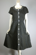Candy design 1950s novelty print cotton dress full skirt black yellow blue size L 42 bust 33 inch waist
