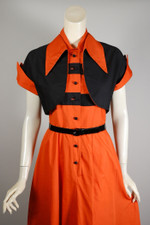 vintage Halloween 1950s dress orange black stripes cotton halter sundress M-L 33 inch waist 38 inch bust