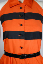 vintage Halloween 1950s dress orange black stripes cotton halter sundress M-L 33 inch waist 38 inch bust
