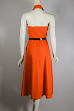 vintage Halloween 1950s dress orange black stripes cotton halter sundress M-L 33 inch waist 38 inch bust