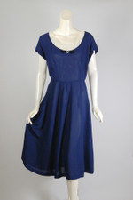 vintage 1950s dress navy blue rayon white lace ruffle trim volup XL petite 49 inch bust 37 waist
