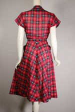 lightweight cotton red plaid day dress 1940s 50s size M 38 39 bust 29 30 inch waist
