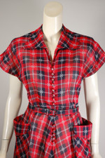 lightweight cotton red plaid day dress 1940s 50s size M 38 39 bust 29 30 inch waist