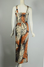 vintage jumpsuit 70s wide legs tropical print black tan polyester petite short-waisted size M 29 inch waist