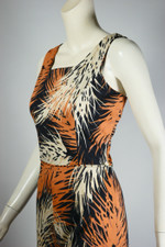 vintage jumpsuit 70s wide legs tropical print black tan polyester petite short-waisted size M 29 inch waist