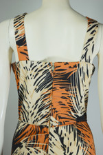 vintage jumpsuit 70s wide legs tropical print black tan polyester petite short-waisted size M 29 inch waist