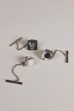 Set of 3 silvertone 1950s tie tacks 1 sterling silver small square vintage menswear